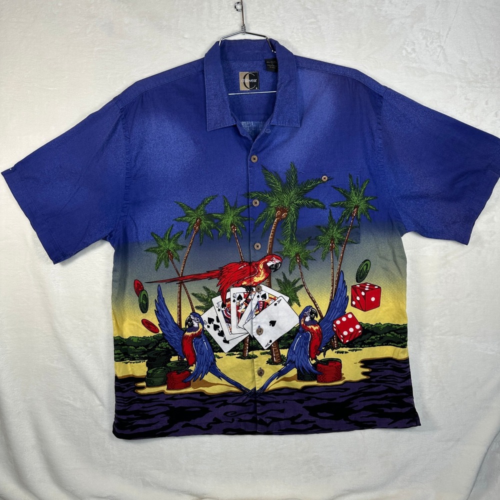 Chiliwear Button Front Shirt Mens Large Tropical Parrot Poker Dice Graphic